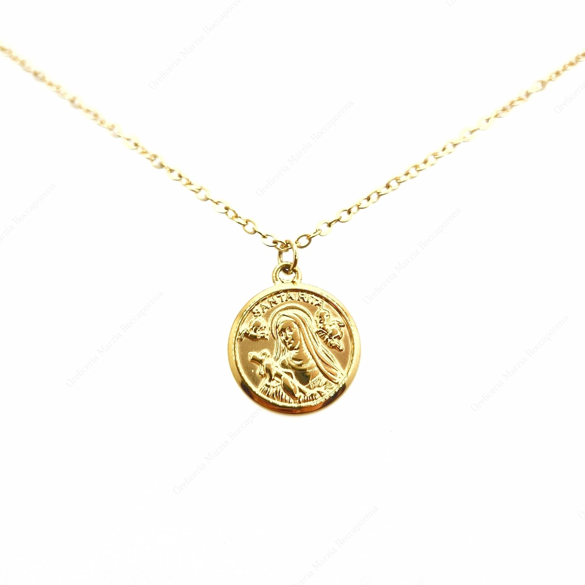 collana in acciaio dorato con medaglia di Santa Rita 14 mm