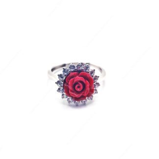 Anello con rosa rossa contornata da zirconi misura regolabile