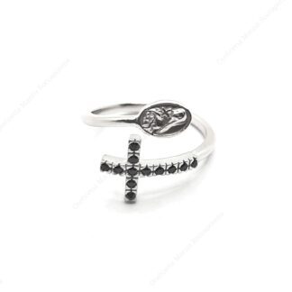anello con Santa Rita e croce con pietre nere