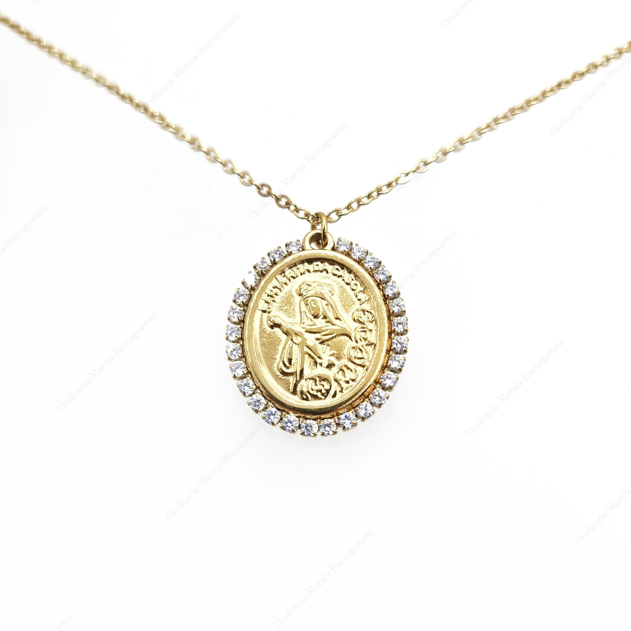 Collana in acciaio dorato con Santa Rita e pietre trasparenti