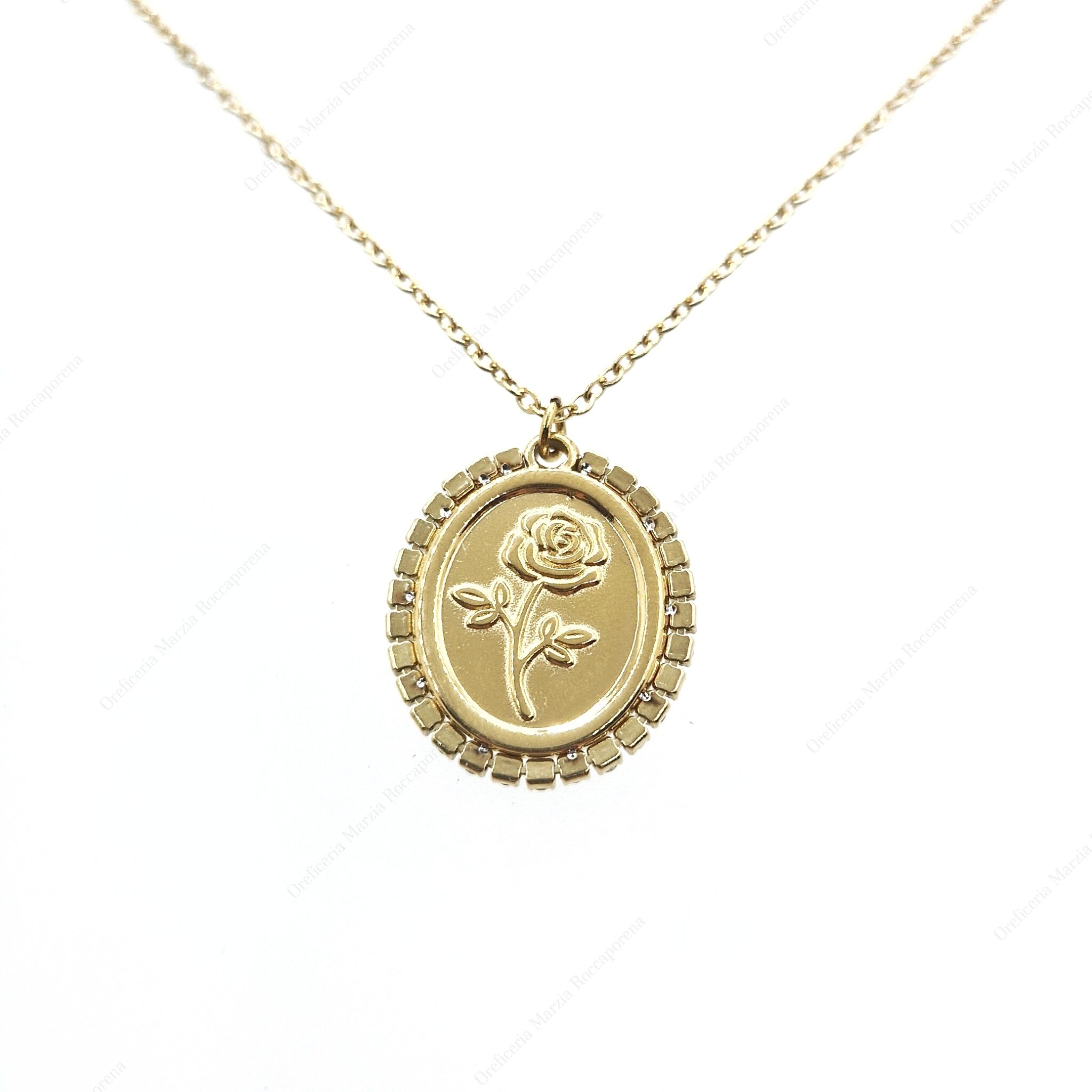 Collana in acciaio dorato con Santa Rita e pietre trasparenti